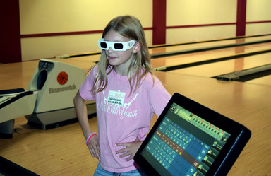 Charlotte Harris wearing Fuchs Dystrophy simulation glasses