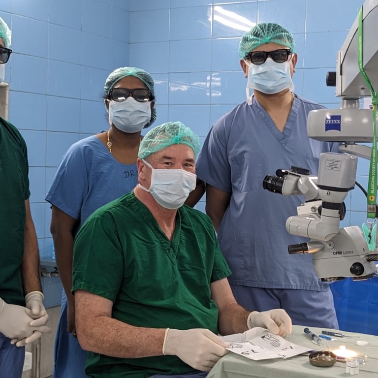 Wearing 3D glasses at Aravind Eye Hospital in Pondicherry, India.