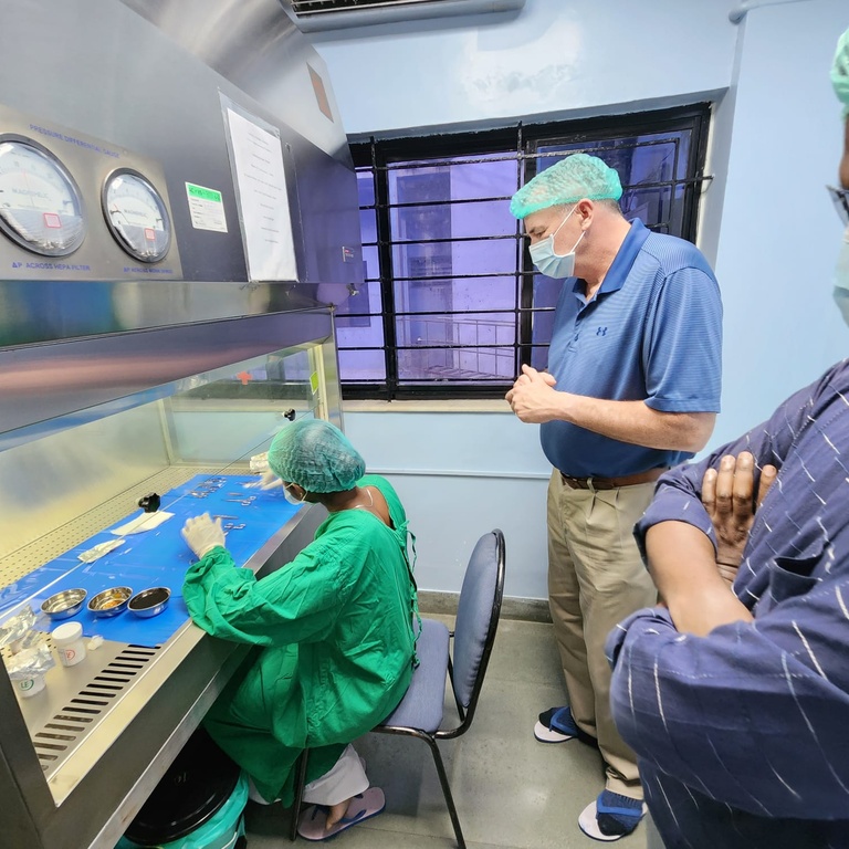 Greg Schmidt watching processing at Aravind Eye Hospital in Pondicherry, India.