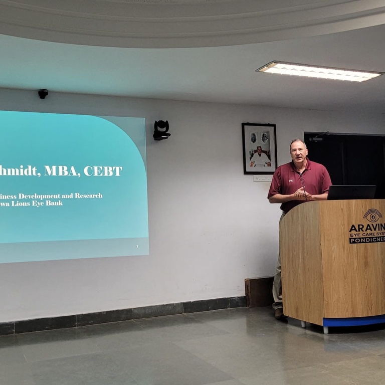 Greg Schmidt giving a presentation at Aravind Eye Hospital in Pondicherry, India.